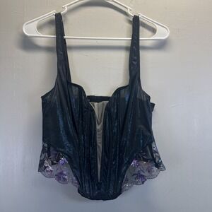 Savage X Fenty Size L Black Purple Corset Silver Floral Sheer Side New W/O‎ Tags